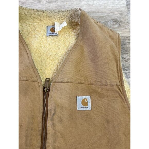 Vtg Carhartt Canvas Work Vest Jacket 3XL Tan Brown Sherpa Lined Thrashed Stains - Picture 3 of 11